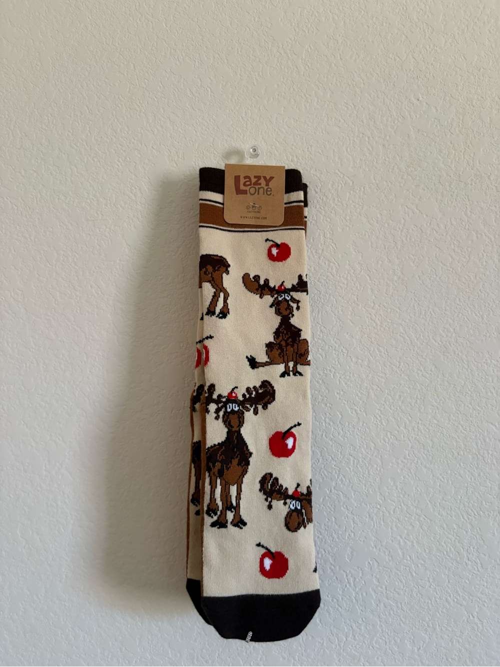 Lazy One Kids Cream Socks with Brown Moose and Red Apple Motifs